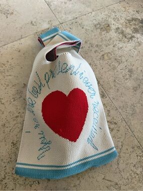Heart Knit Mini Bag in White and Red with Blue Trim